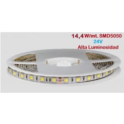 Tira LED 5 mts Flexible 24V 72W 300 Led SMD 5050 IP20 Blanco Cálido 2400ºK Alta Luminosidad